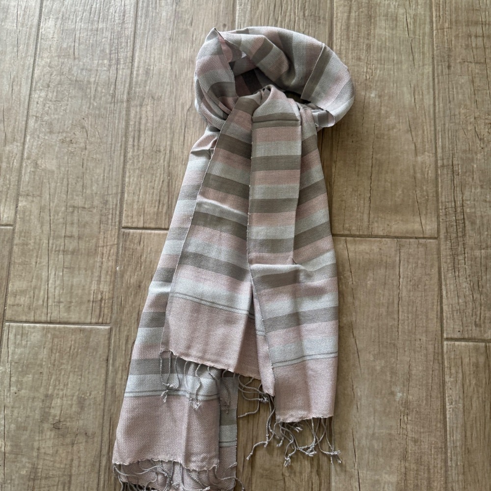King Power Thai Woven Striped Scarf Pink Taupe Grey Fringe Trim Lightweight Wrap